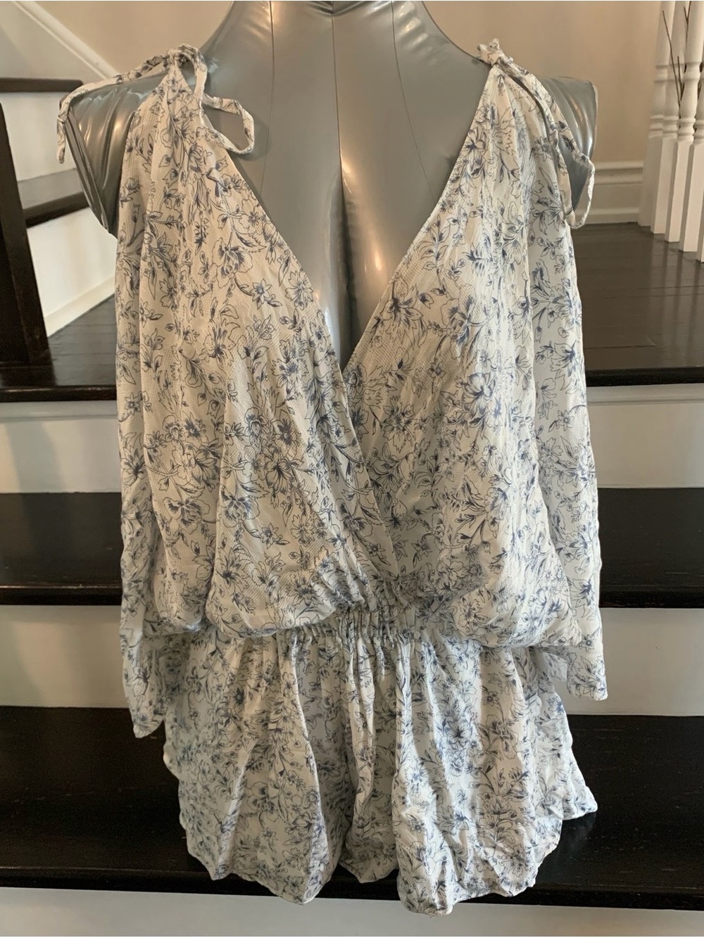 Mustard Seed White and Blue Floral Romper